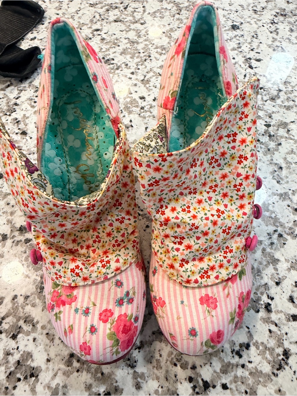 Irregular Choice Pink Floral Striped Button-Up Heels